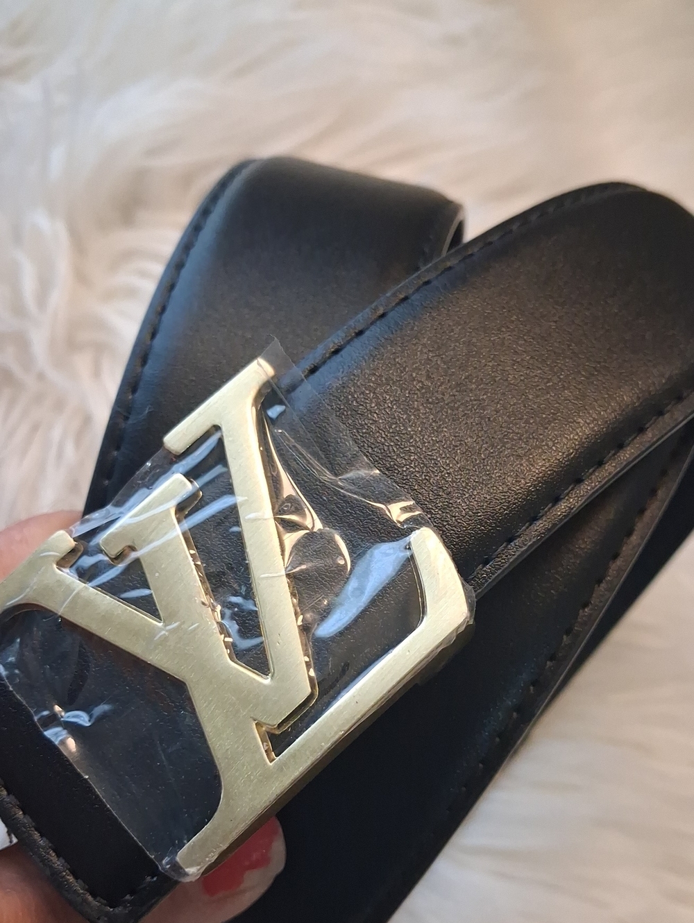 NWOT Men's Black Leather Belt with Gold LV Buckle